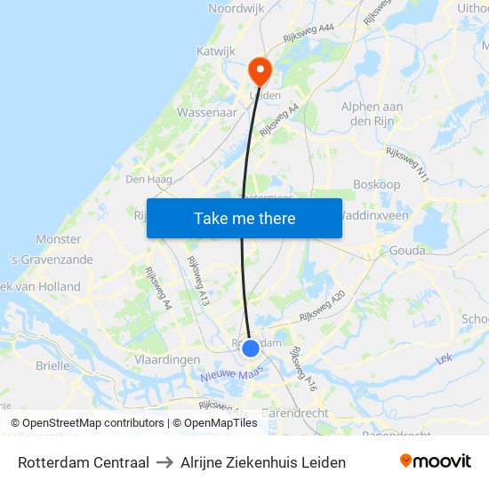 Rotterdam Centraal to Alrijne Ziekenhuis Leiden map
