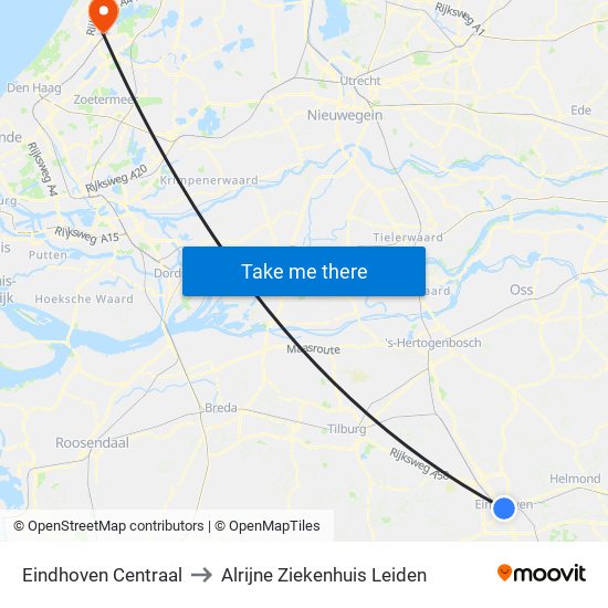 Eindhoven Centraal to Alrijne Ziekenhuis Leiden map