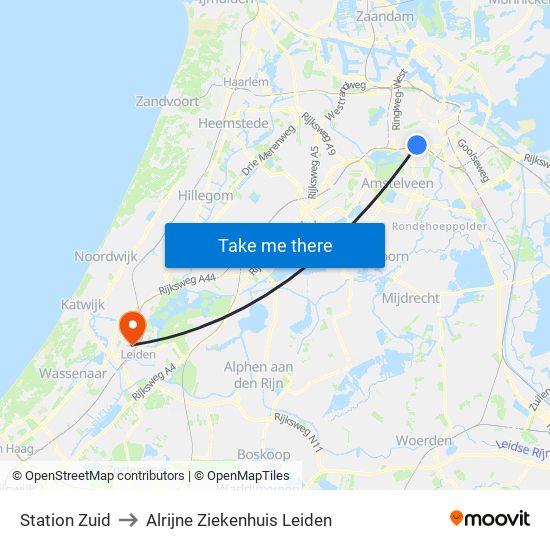 Station Zuid to Alrijne Ziekenhuis Leiden map
