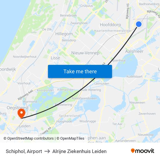 Schiphol, Airport to Alrijne Ziekenhuis Leiden map