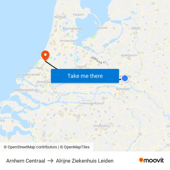 Arnhem Centraal to Alrijne Ziekenhuis Leiden map