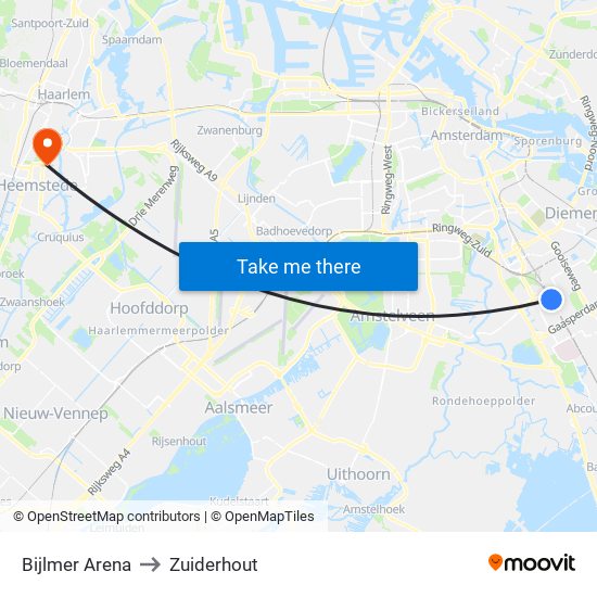 Bijlmer Arena to Zuiderhout map