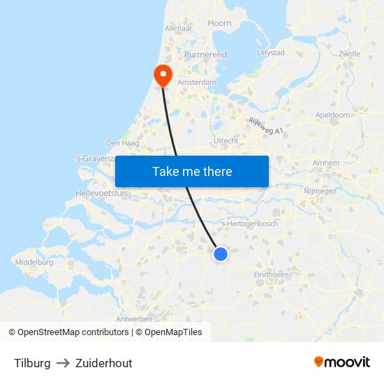 Tilburg to Zuiderhout map