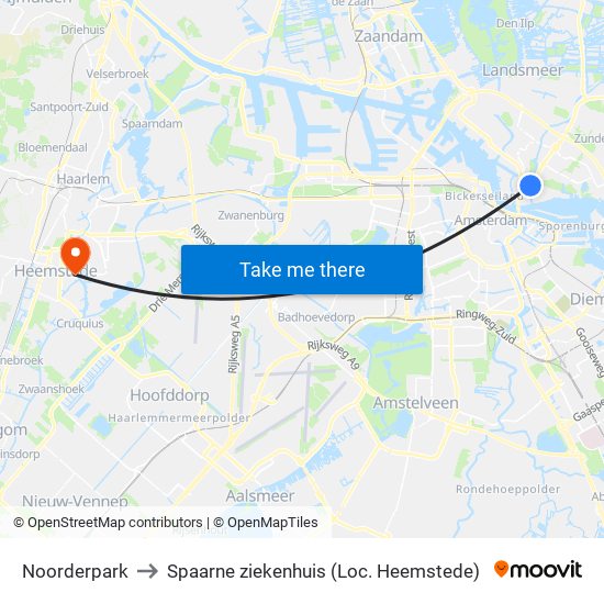 Noorderpark to Spaarne ziekenhuis (Loc. Heemstede) map