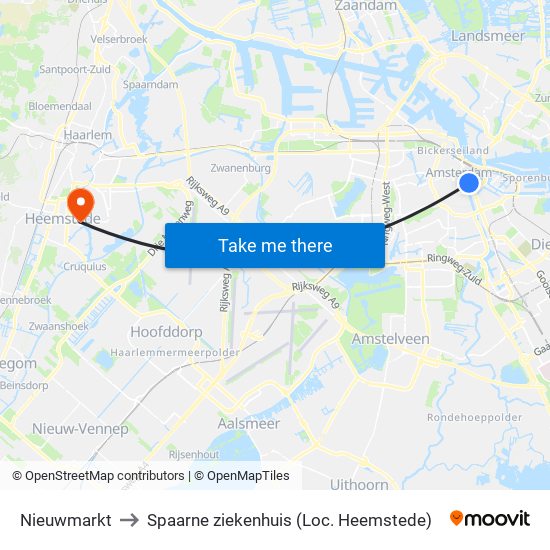 Nieuwmarkt to Spaarne ziekenhuis (Loc. Heemstede) map