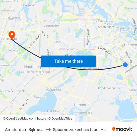 Amsterdam Bijlmer Arena to Spaarne ziekenhuis (Loc. Heemstede) map