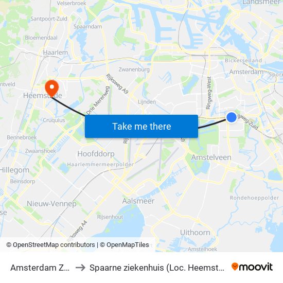 Amsterdam Zuid to Spaarne ziekenhuis (Loc. Heemstede) map