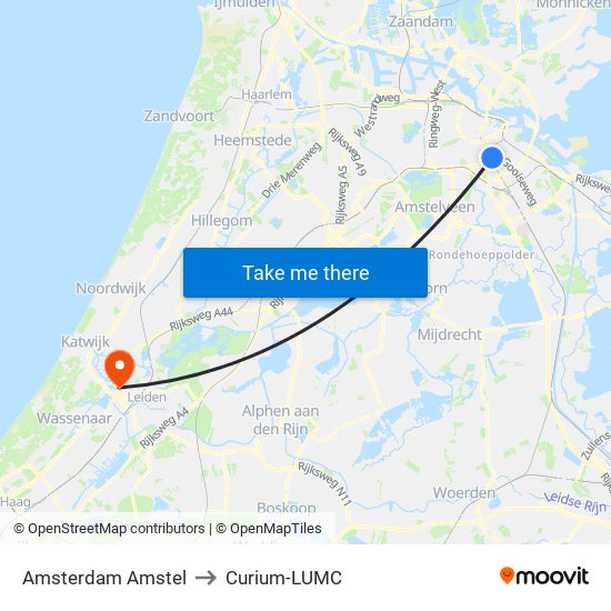 Amsterdam Amstel to Curium-LUMC map