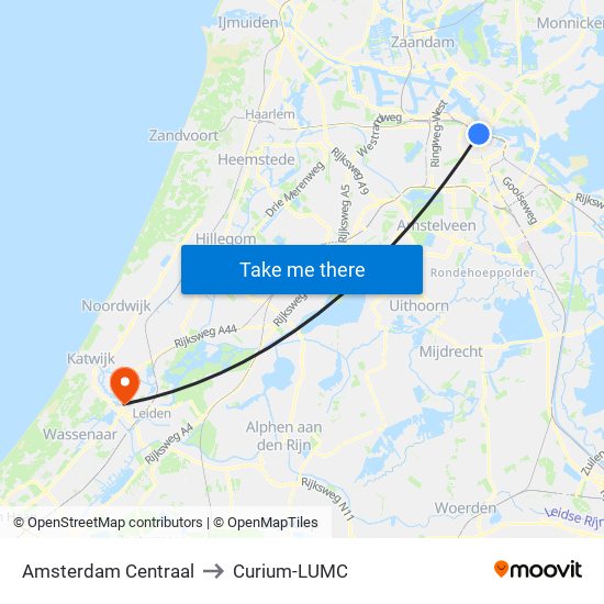 Amsterdam Centraal to Curium-LUMC map