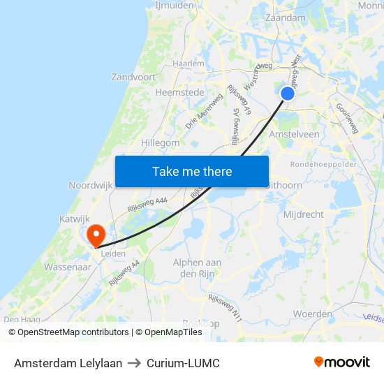 Amsterdam Lelylaan to Curium-LUMC map