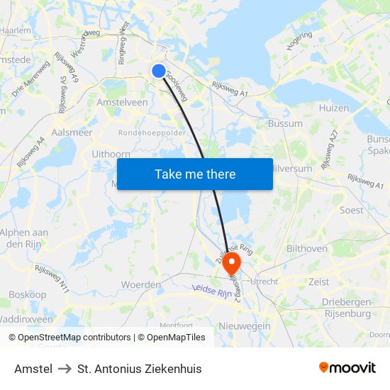 Amstel to St. Antonius Ziekenhuis map