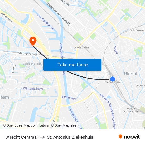 Utrecht Centraal to St. Antonius Ziekenhuis map