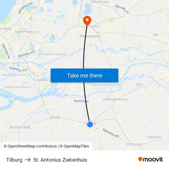 Tilburg to St. Antonius Ziekenhuis map