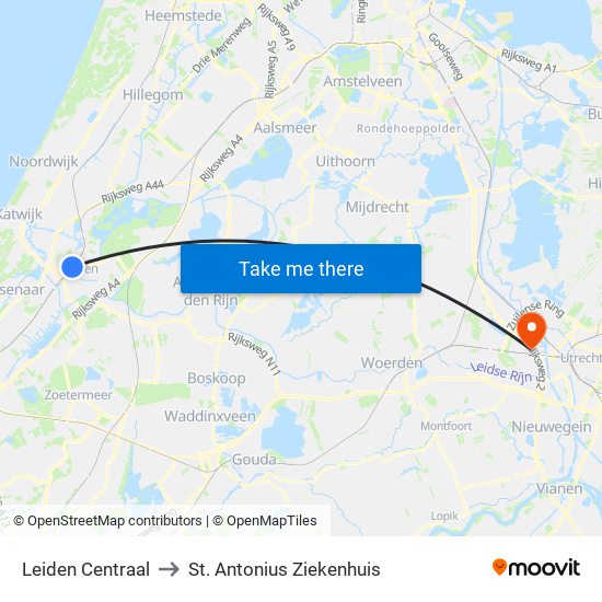 Leiden Centraal to St. Antonius Ziekenhuis map
