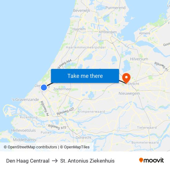 Den Haag Centraal to St. Antonius Ziekenhuis map