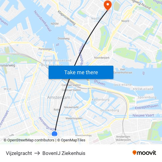 Vijzelgracht to BovenIJ Ziekenhuis map