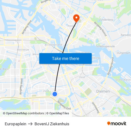 Europaplein to BovenIJ Ziekenhuis map