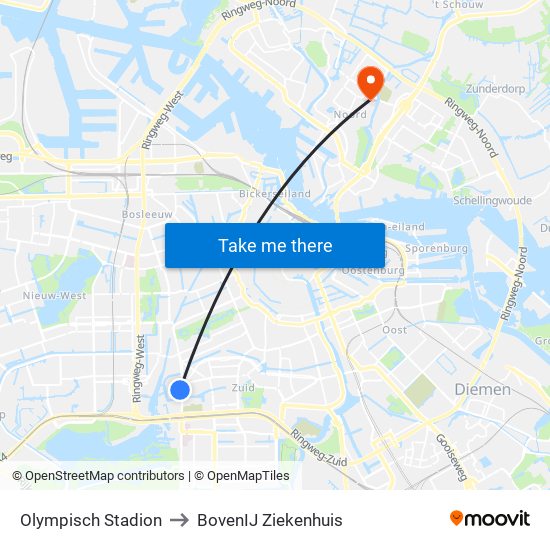 Olympisch Stadion to BovenIJ Ziekenhuis map