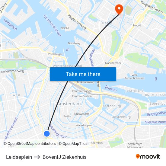 Leidseplein to BovenIJ Ziekenhuis map