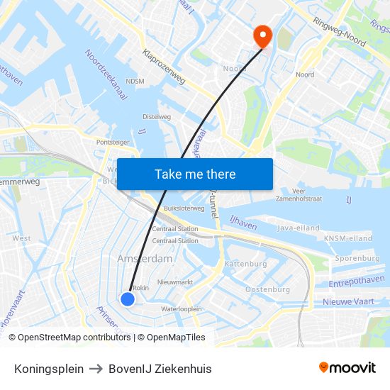 Koningsplein to BovenIJ Ziekenhuis map