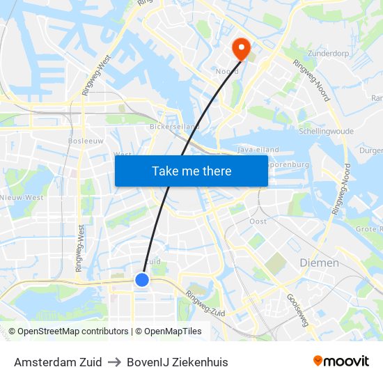 Amsterdam Zuid to BovenIJ Ziekenhuis map