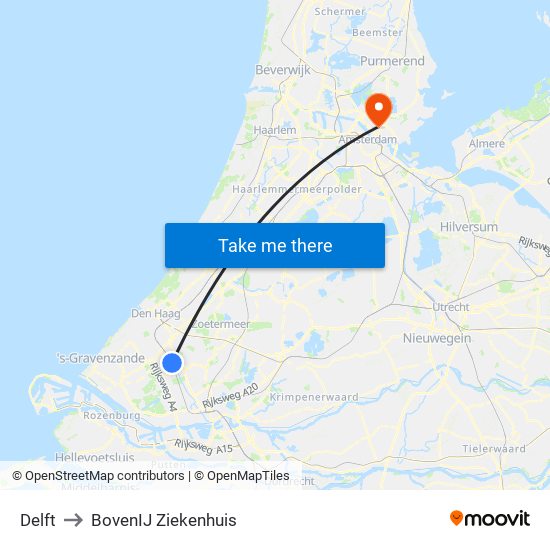 Delft to BovenIJ Ziekenhuis map