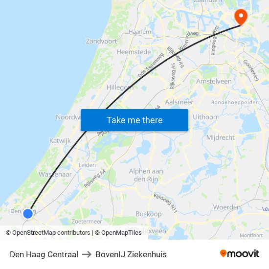 Den Haag Centraal to BovenIJ Ziekenhuis map