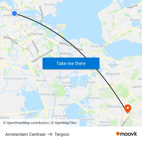 Amsterdam Centraal to Tergooi map