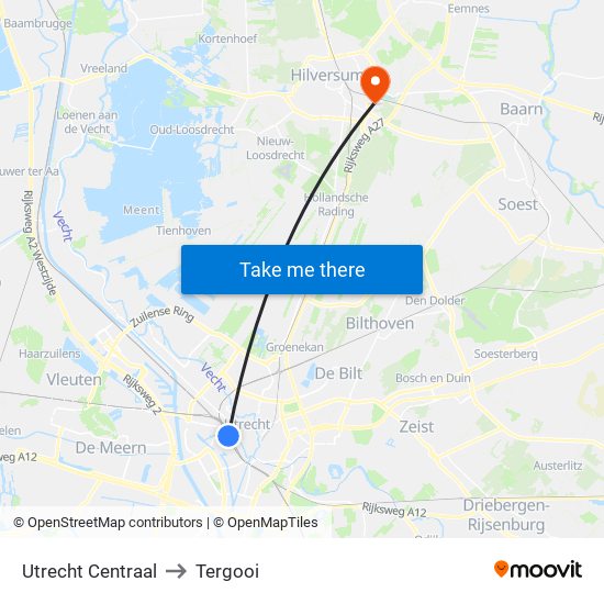 Utrecht Centraal to Tergooi map