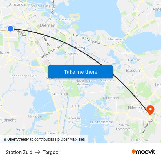 Station Zuid to Tergooi map