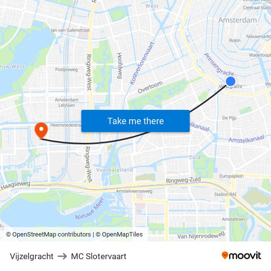 Vijzelgracht to MC Slotervaart map