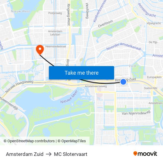 Amsterdam Zuid to MC Slotervaart map