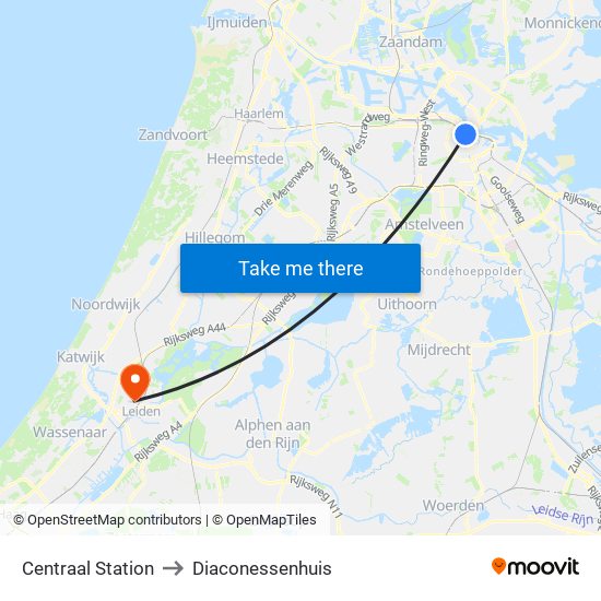 Centraal Station to Diaconessenhuis map