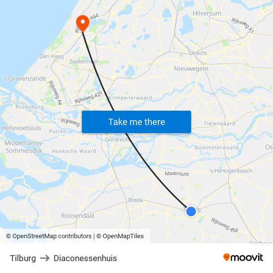 Tilburg to Diaconessenhuis map