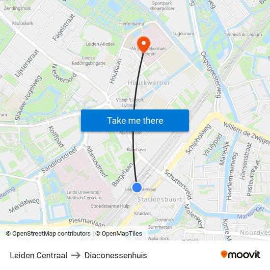 Leiden Centraal to Diaconessenhuis map