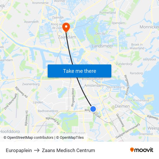 Europaplein to Zaans Medisch Centrum map
