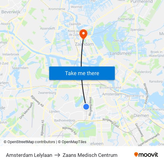 Amsterdam Lelylaan to Zaans Medisch Centrum map