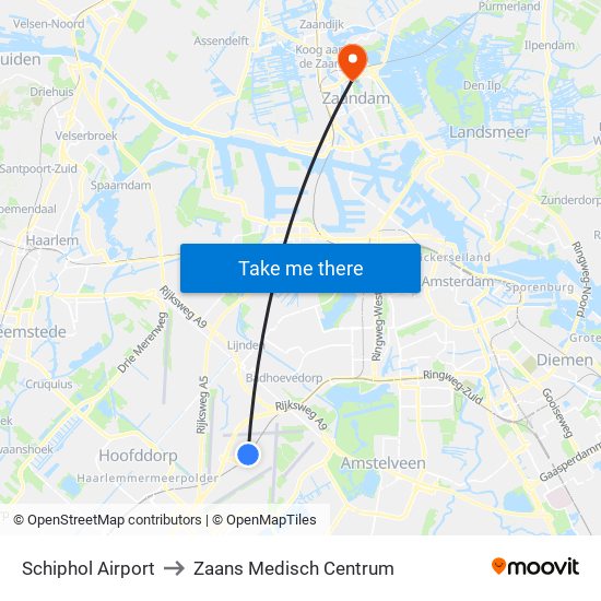 Schiphol Airport to Zaans Medisch Centrum map