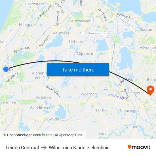 Leiden Centraal to Wilhelmina Kinderziekenhuis map