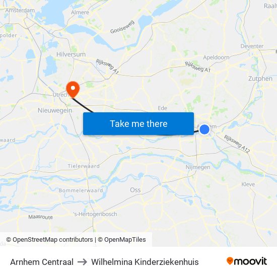 Arnhem Centraal to Wilhelmina Kinderziekenhuis map