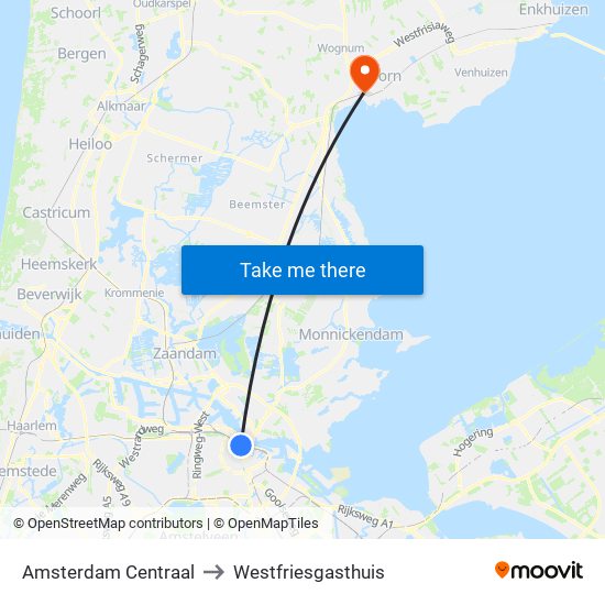 Amsterdam Centraal to Westfriesgasthuis map