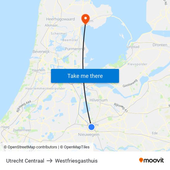 Utrecht Centraal to Westfriesgasthuis map