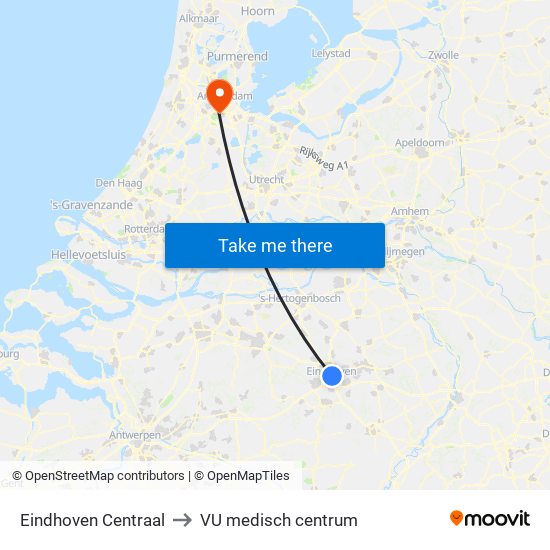 Eindhoven Centraal to VU medisch centrum map