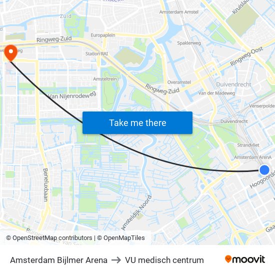 Amsterdam Bijlmer Arena to VU medisch centrum map