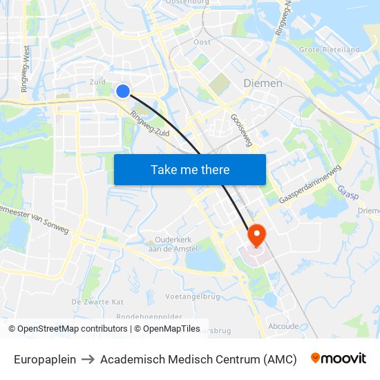 Europaplein to Academisch Medisch Centrum (AMC) map
