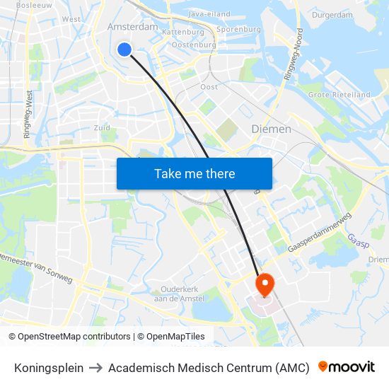 Koningsplein to Academisch Medisch Centrum (AMC) map