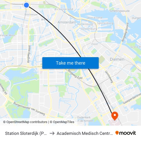 Station Sloterdijk (Perron N) to Academisch Medisch Centrum (AMC) map