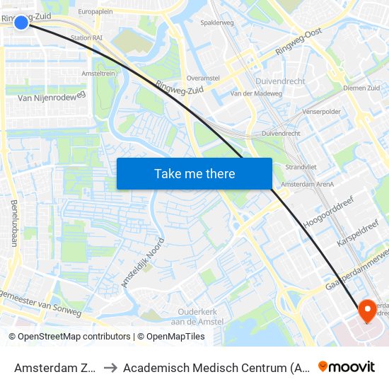Amsterdam Zuid to Academisch Medisch Centrum (AMC) map