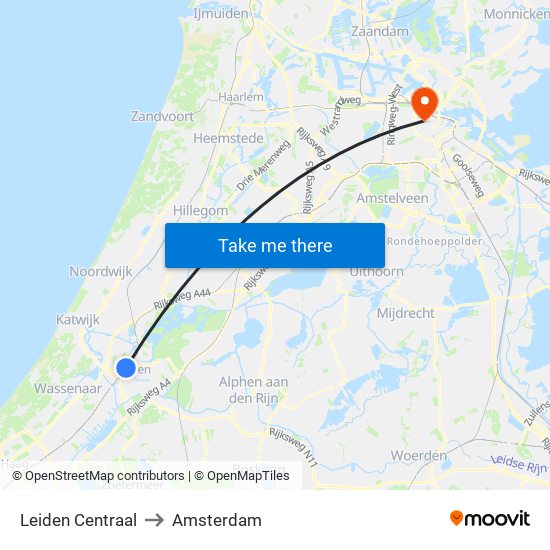 Leiden Centraal to Amsterdam map