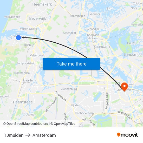IJmuiden to Amsterdam map